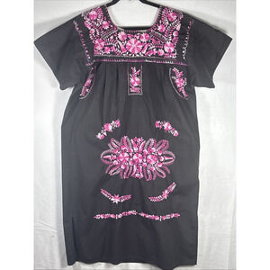 VTG Handmade Mexican Embroidered‎ Black Floral Sanforized Cotton Dress M